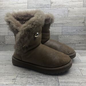 UGG CLASSIC  FLUFF PIN MINI PEARL SUEDE SHEEPSKIN CUFF ANKLE BOOTS SIZE 6 WOMEN